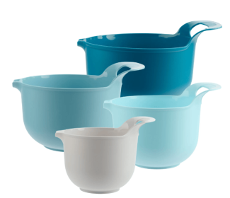 Mainstays 4 Piece Nesting Plastic Mixing Bowl Set with Pour Spouts and Handles, Blue