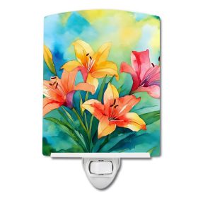 NEW Lilies in Watercolor Ceramic Night Light Compact, UL-Certified, Ideal for Bedroom, Bathroom, Nursery, Hallway, Kitchen, 6x4x3, Multicolor