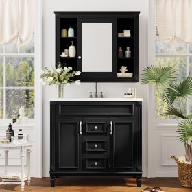 36'' Bathroom Vanity with Top Sink, Black Mirror Cabinet, Modern Bathroom Storage Cabinet with 2 Soft Closing Doors and 2 Drawers
