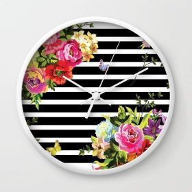 Stripes Floral Wall clock (Color: White)
