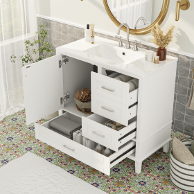 36" Bathroom Vanity with Solid Pine Frame, 1 Soft Close Door and 3 Drawers , Modern Storage Cabinet (Color: White, Material: Solid Wood+MDF)