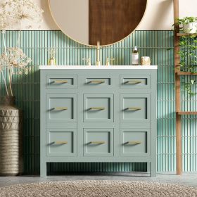 36" Bathroom Vanity Cabinet with Resin Integrated Sink - 4 Drawers, 2 Doors (Color: Green, Material: Solid Wood+MDF+Resin)
